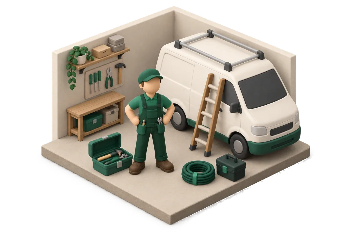A tasker standing with their toolbox beside a work van